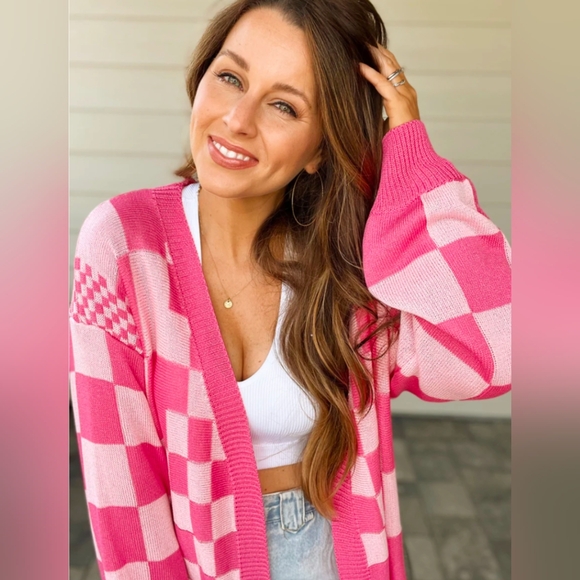 Various Sizes- Oversized Pink and White Checkerboard Cardigan Sweater-NWT - Picture 4 of 7